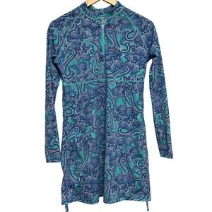 Coolibar Womens Dress Small Long Sleeved UPF 50+ Green Blue Paisley Swim 1/4 Zip